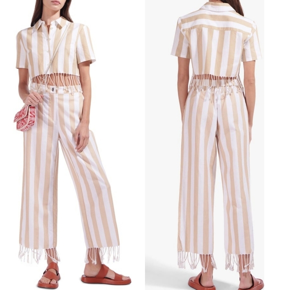 NWT STAUD Zuma Striped Linen Cotton Straight-Leg Fringe Trousers - Picture 4 of 10